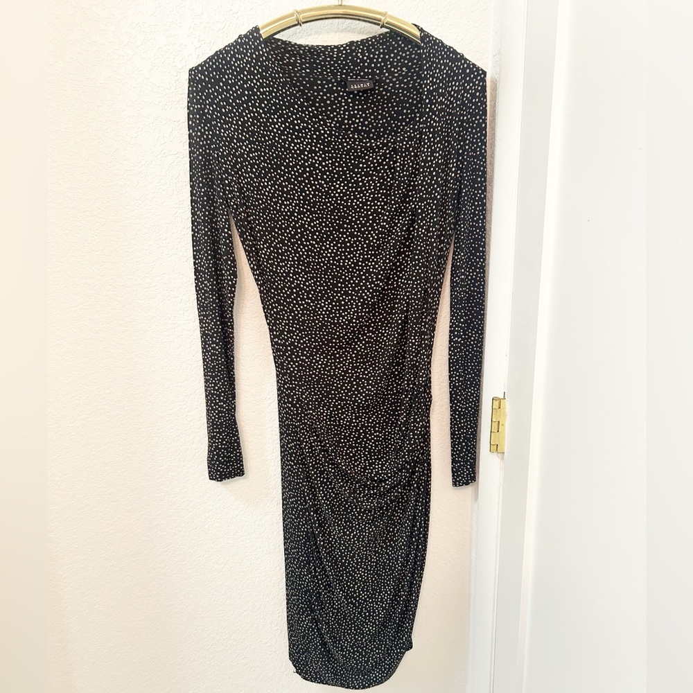 ISABEL DE PEDRO The Bodycon Swiss Dot Ruching long sleeve Midi Dress Black SZ: 8